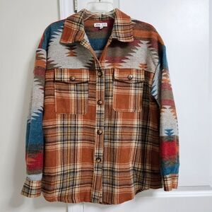 Jen & Co Aztec Shacket Women’s S/M Plaid Western Southwestern Blue Orange Gray